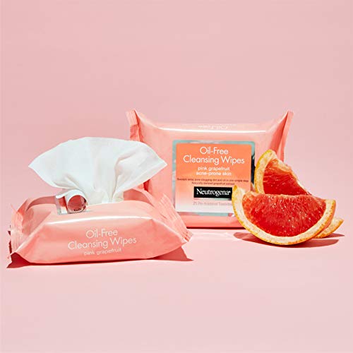 Neutrogena Oil Free Facial Cleansing Makeup Wipes, Disposable Acne Face Towelettes to Remove Dirt, Oil and Makeup for Acne Prone Skin, Pink Grapefruit, 25 Count