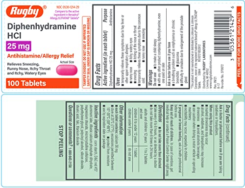 Rugby Diphenhydramine HCl 25 mg Antihistamine Allergy Relief - 100 Tablets