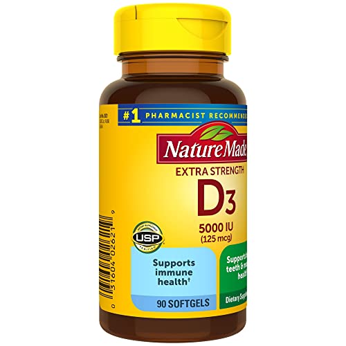 Nature Made Extra Strength Vitamin D3 5000 IU (125 mcg), Dietary Supplement for Bone, Teeth, Muscle and Immune Health Support, 90 Softgels, 90 Day Supply