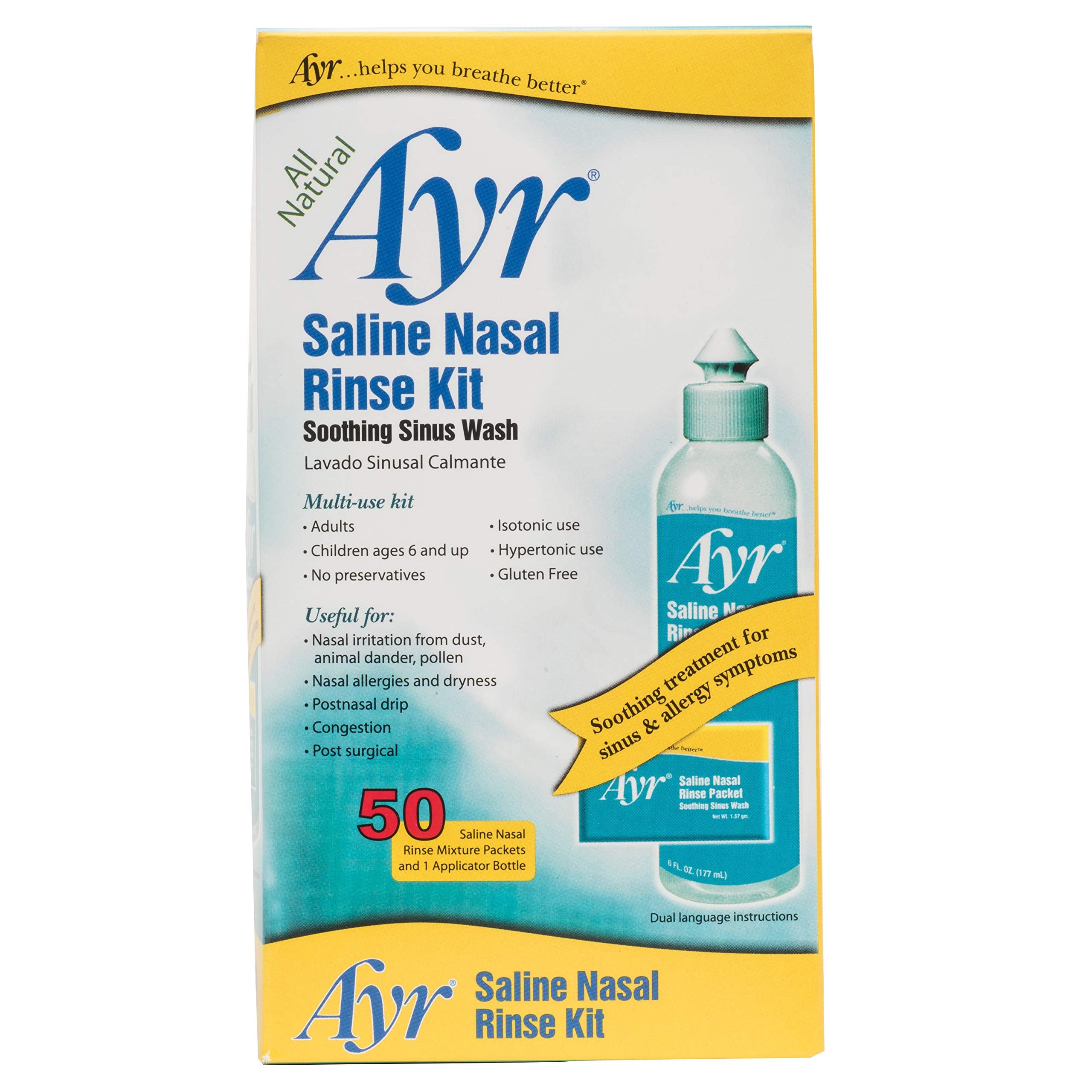 Ayr Saline Nasal Rinse Kit Soothing Sinus Wash, 50 Count Saline Nasal Rinse Mixture Packets Plus Applicator Bottle