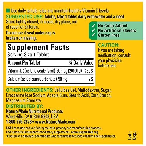 Nature Made Vitamin D3 2000 IU (50 mcg), Dietary Supplement for Bone, Teeth, Muscle and Immune Health Support, 100 Tablets, 100 Day Supply