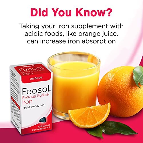 Feosol Original Iron Supplement Tablets, Non-heme, 325mg Ferrous Sulfate (65mg Elemental Iron) per Iron Pill, 1 Per Day, 120ct, 4 Month Supply, For Energy and Immune System Support, Made in USA