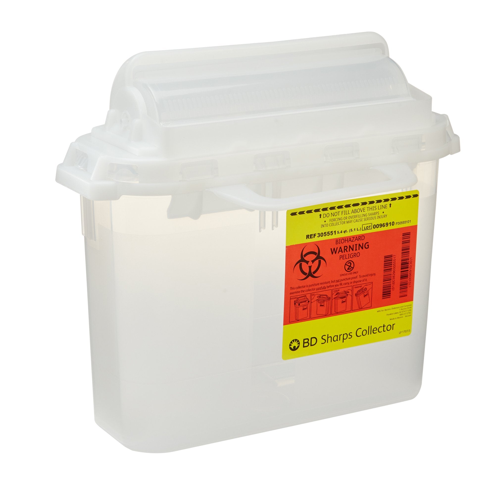 Sharps Container BD Translucent White Base 12 H X 12 W X 4-4/5 D Inch Horizontal Entry 1.35 Gallon