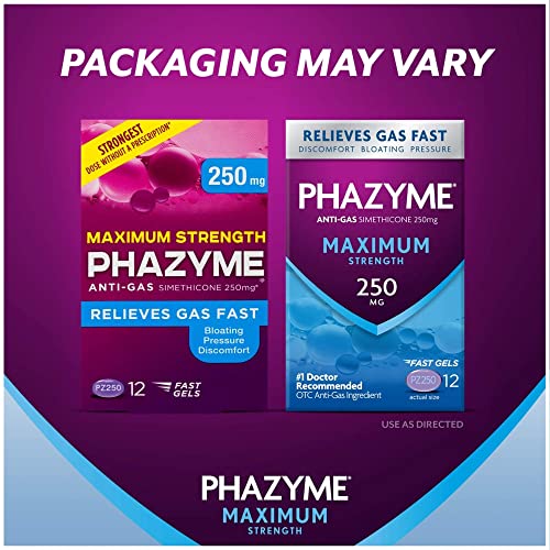 Phazyme Maximum Strength Gas and Bloating Relief, 250 mg Simethicone, 12 Fast Gels