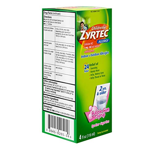 Zyrtec 24 Hr Children's Allergy Syrup with Cetirizine, Dye- & Sugar-Free, Bubble Gum, 4 fl. Oz