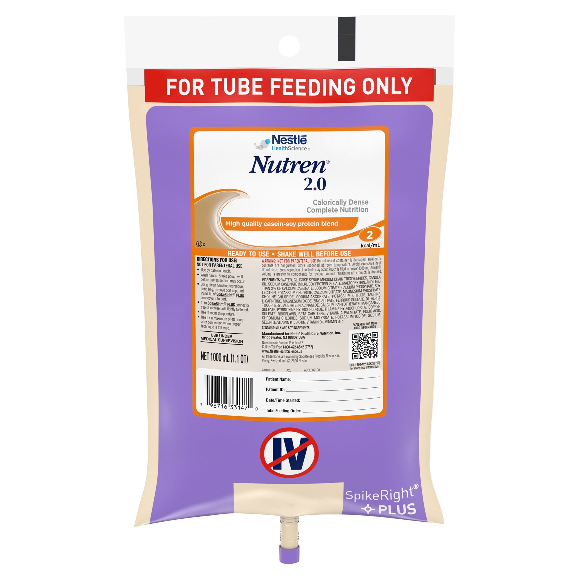 Tube Feeding Formula Nutren 2.0 Unflavored Liquid 1000 mL Bag