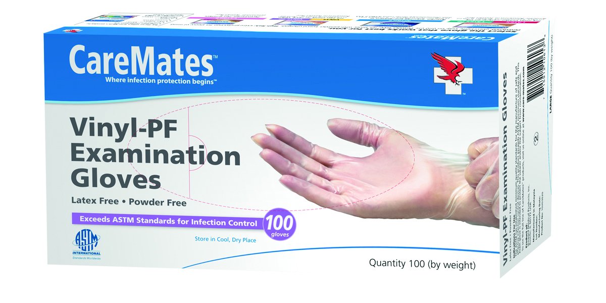 CareMates Vinyl Powder Free Examination Gloves Latex Free Medium 100 Count