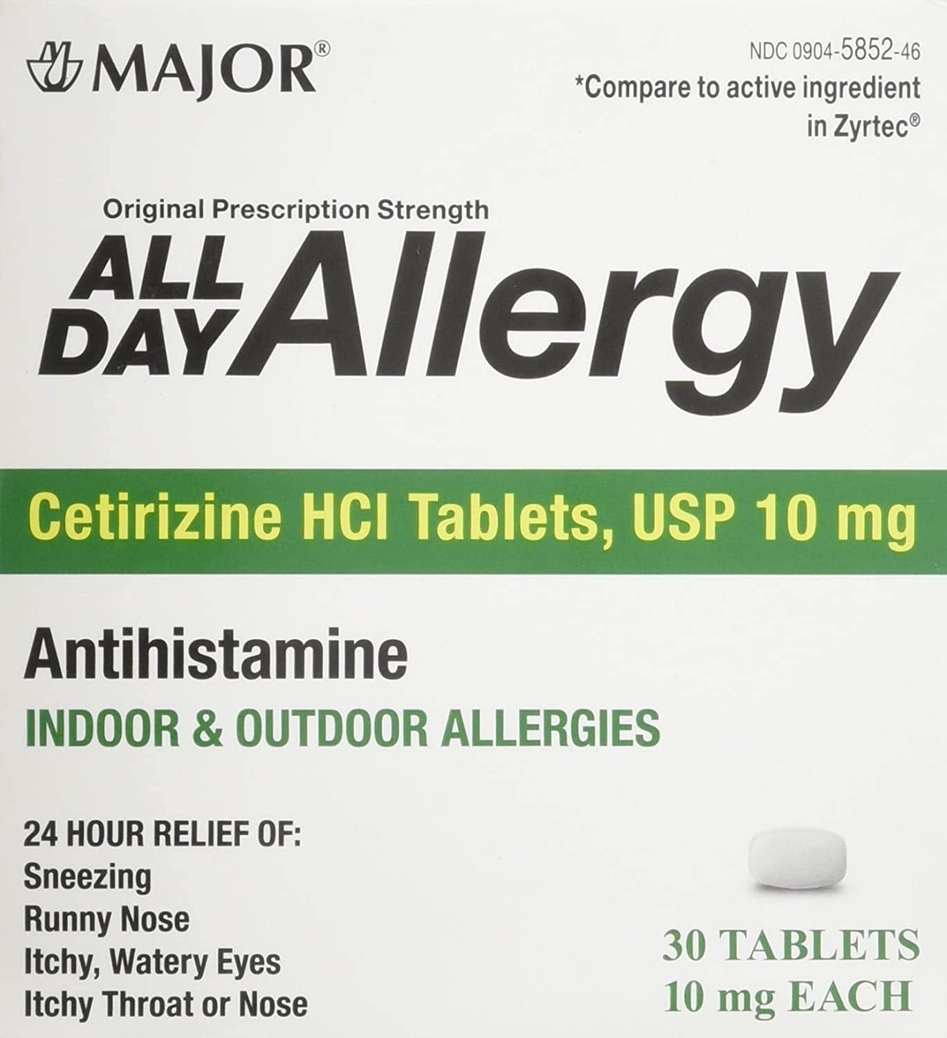 Major Cetirizine 10mg HCI Tabs, All Day Allergies Antihistamine, 30 Count