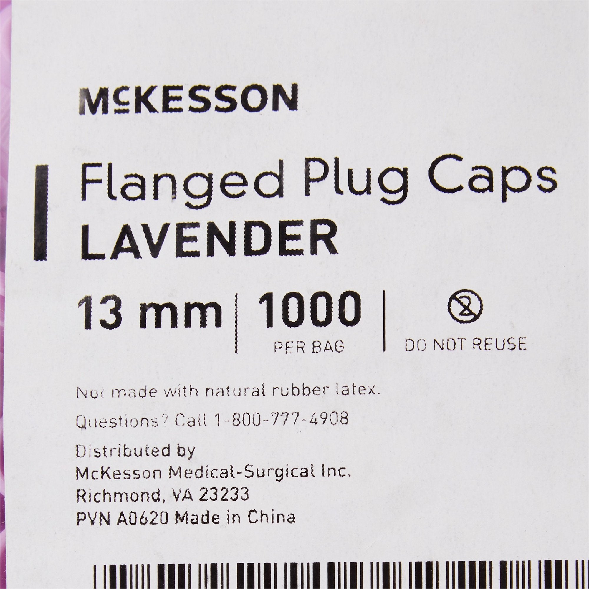 McKesson Tube Closure Polyethylene Flanged Plug Cap Lavender 13 mm For Use with 13 mm Blood Drawing Tubes, Glass Test Tubes, Plastic Culture Tubes NonSterile