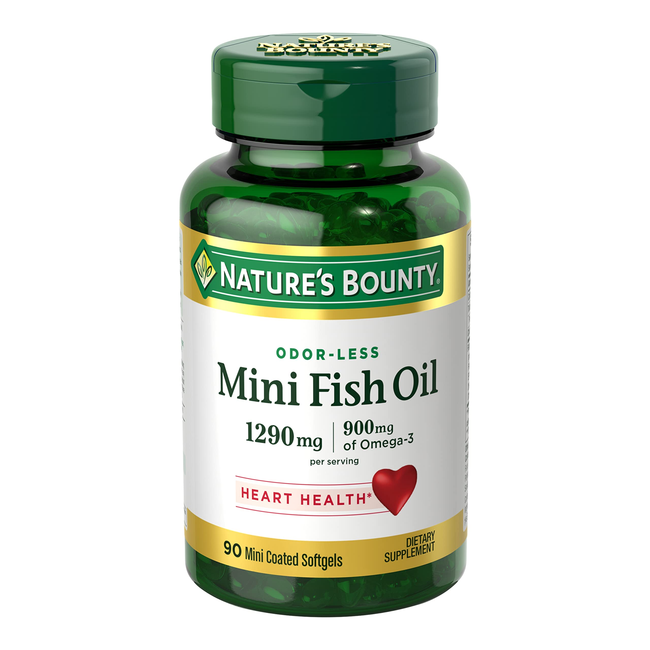 Natures Bounty Mini Fish Oil Softgels 1290 mg, Omega-3, Supports Heart Health, Odor-Less, 90 Mini Coated Softgels