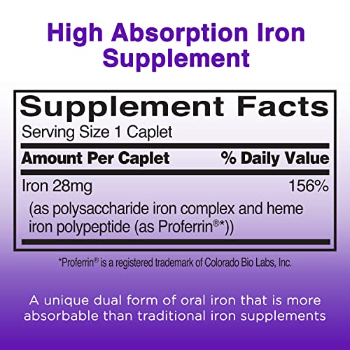 Feosol Complete Iron Supplement Caplets, Bifera Iron for High Absorption, Heme and Non-Heme Dual Action Minimizes Side Effects, 1 Per Day, For Energy and Immune System Support, Made in USA, 30 count