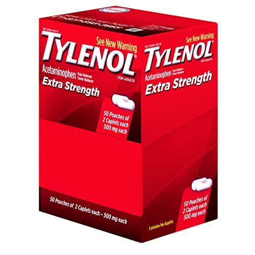 Tylenol Extra Strength Pain Relief Caplets with 500mg Acetaminophen, Pain Reliever & Fever Reducer Medicine for Headache, Backache & Menstrual Pain Relief, 50 pkts of 2 caplets Each, 100 ct