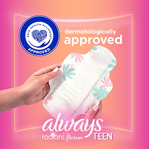 Always Radiant Teen Feminine Pads For Women, Size 1 Regular Absorbency, With Flexfoam, With Wings, Unscented, 14 Count