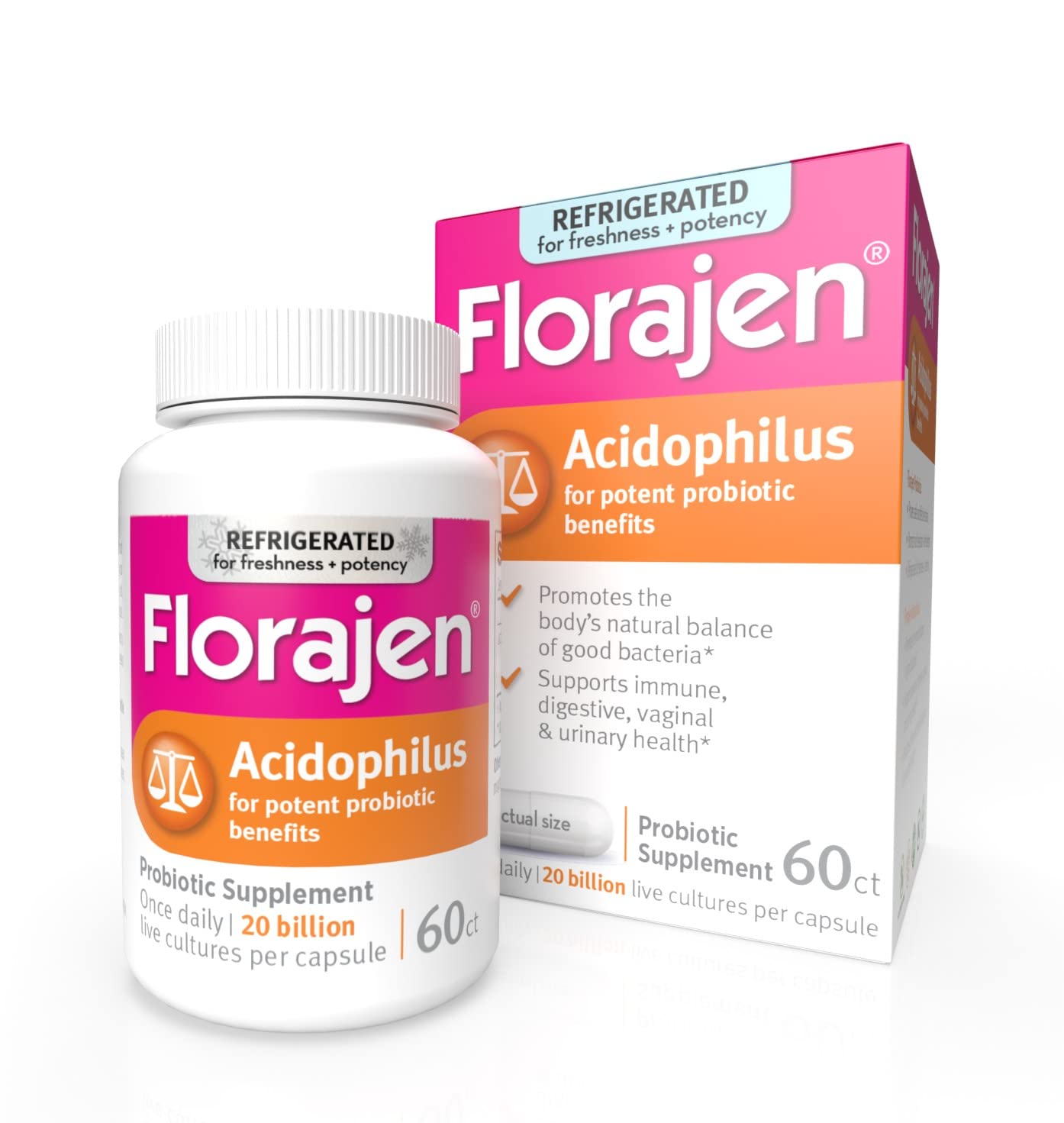 Florajen Acidophilus High Potency Refrigerated Supports Overall Health, 20 Billion CFUs for Potent Probiotic Benefits, Unflavored, 60 Count