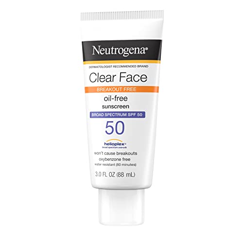 Neutrogena Clear Face Liquid Lotion Sunscreen for Acne-Prone Skin, Broad Spectrum SPF 50 UVA/UVB Protection, Oil-, Fragrance- & Oxybenzone-Free Facial Sunscreen, Non-Comedogenic, 3 fl. oz