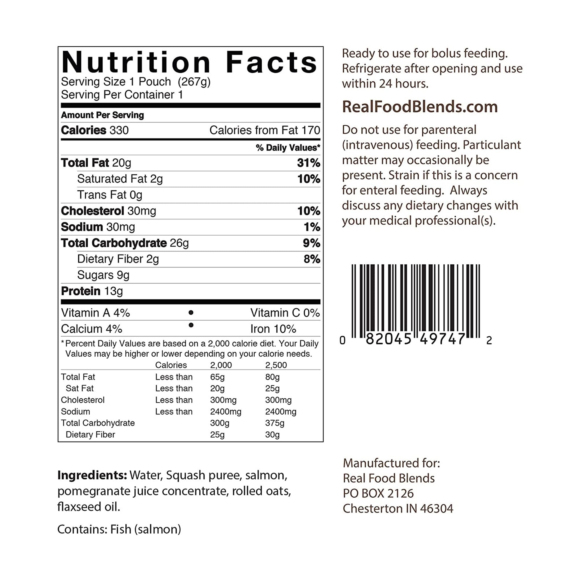 Tube Feeding Formula Real Food Blends Salmon Oats / Squash Flavor Liquid 9.4 oz. Pouch