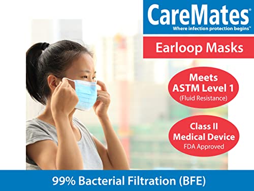 CareMates Soft Disposable 3-Ply Elastic Earloop Patient Mask, Fluid Resistance, 99% Small Particle Filtration, Breathable, 50-count