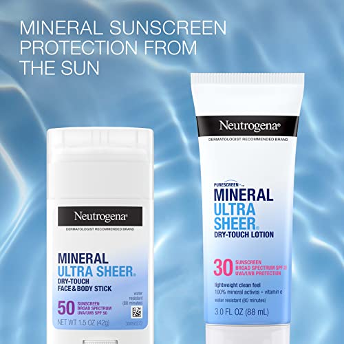 Neutrogena Mineral UltraSheer Dry-Touch SPF 30 Sunscreen Lotion, Water-Resistant Broad-Spectrum UVA/UVB Protection, Skin Nourishing, Lightweight With Vitamin E, Oxybenzone-Free, 3.0 fl. oz
