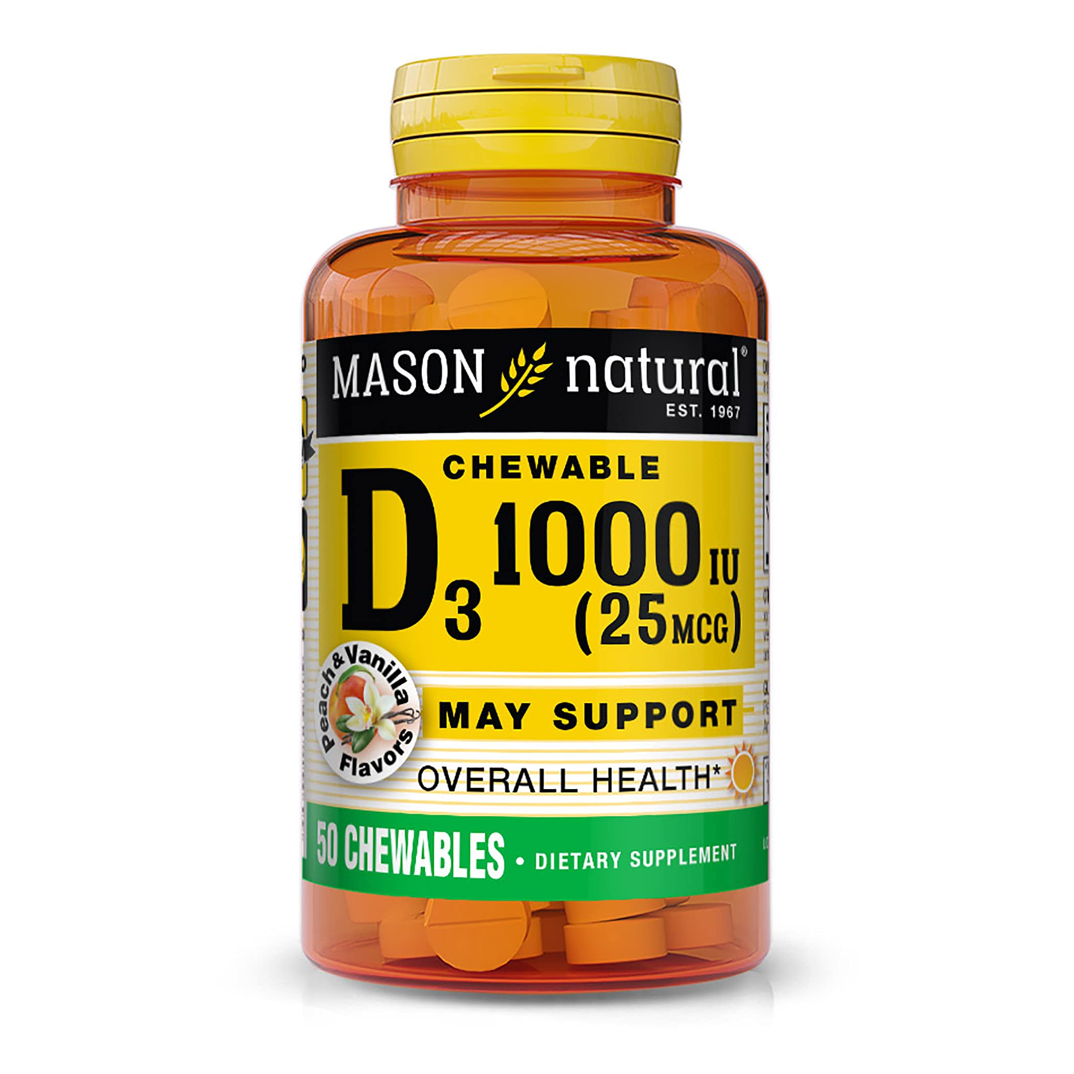 MASON NATURAL Vitamin D3 25 mcg (1000 IU) - Supports Overall Health, Strengthens Bones and Muscles, Peach Vanilla Flavor, 50 Chewables