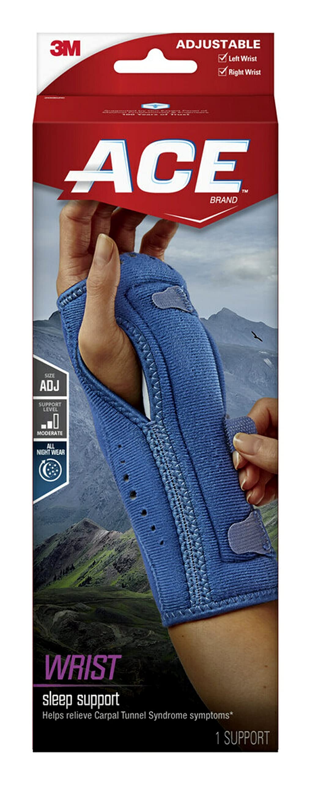 ACE Night Wrist Sleep Support, Adjustable, Blue, Helps Provide Relief from Symptoms of Carpal Tunnel Syndrome, and other Wrist Injuries