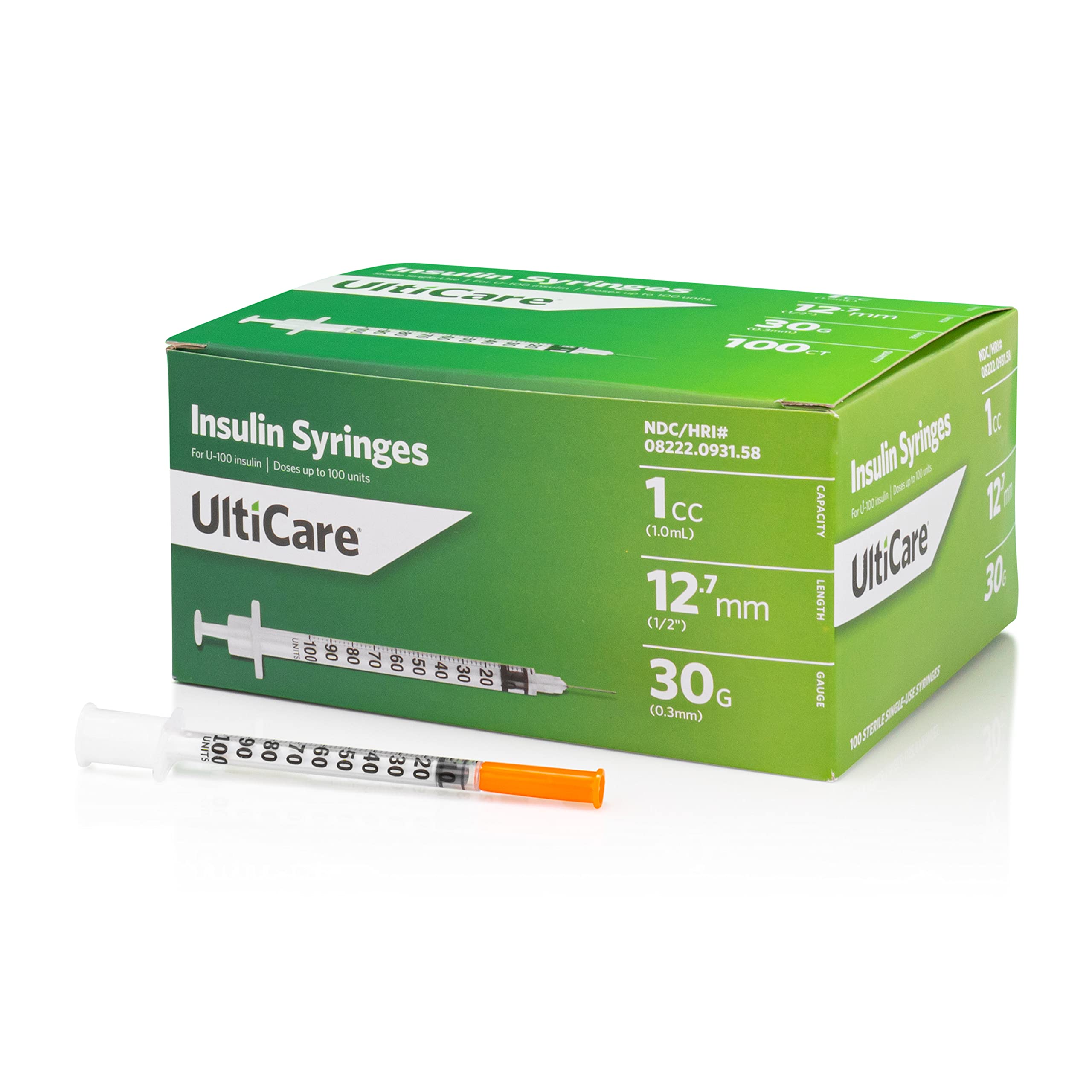 UltiCare U-100 Insulin Syringes, Comfortable and Accurate Dosing of Insulin, Compatible with Any U-100 Strength Insulin, Size: 1cc, 30G x , 100 ct Box