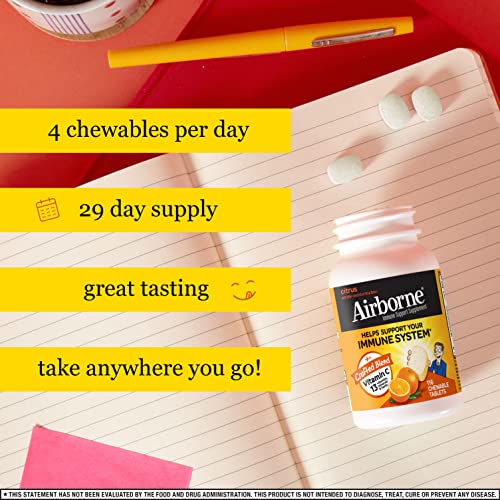 "Airborne Citrus Chewable Tablets, 116 count - 1000mg of Vitamin C - Immune Support Supplement"