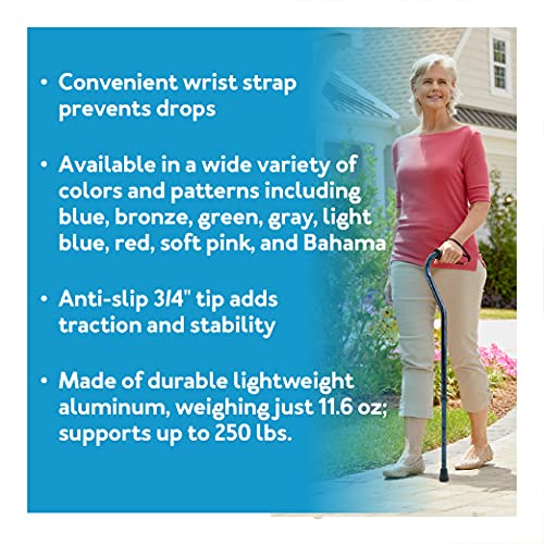 Carex Health Brands Offset Designer Walking Cane Height Adjustable Cane with Wrist Strap Latex Free Soft Cushion Handle Supports 250lbs, Blue, 1 Count