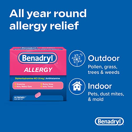 Benadryl Ultratabs Antihistamine Allergy Relief Tablets, Diphenhydramine HCl 25mg, 48 ct