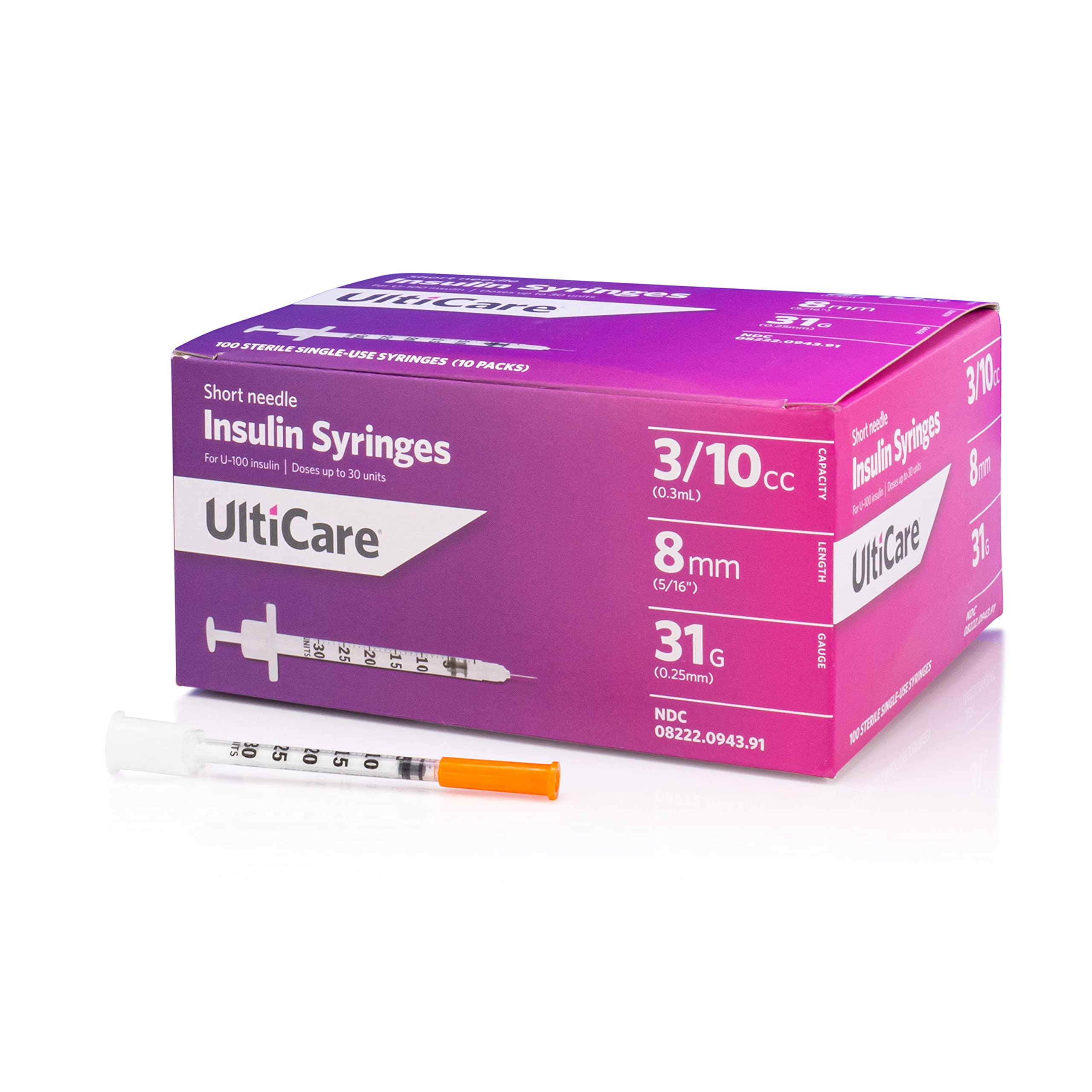 UltiCare U-100 Insulin Syringes, Comfortable and Accurate Dosing of Insulin, Compatible with Any U-100 Strength Insulin, Size: 3/10cc, 31G x 8mm, 100 ct Box