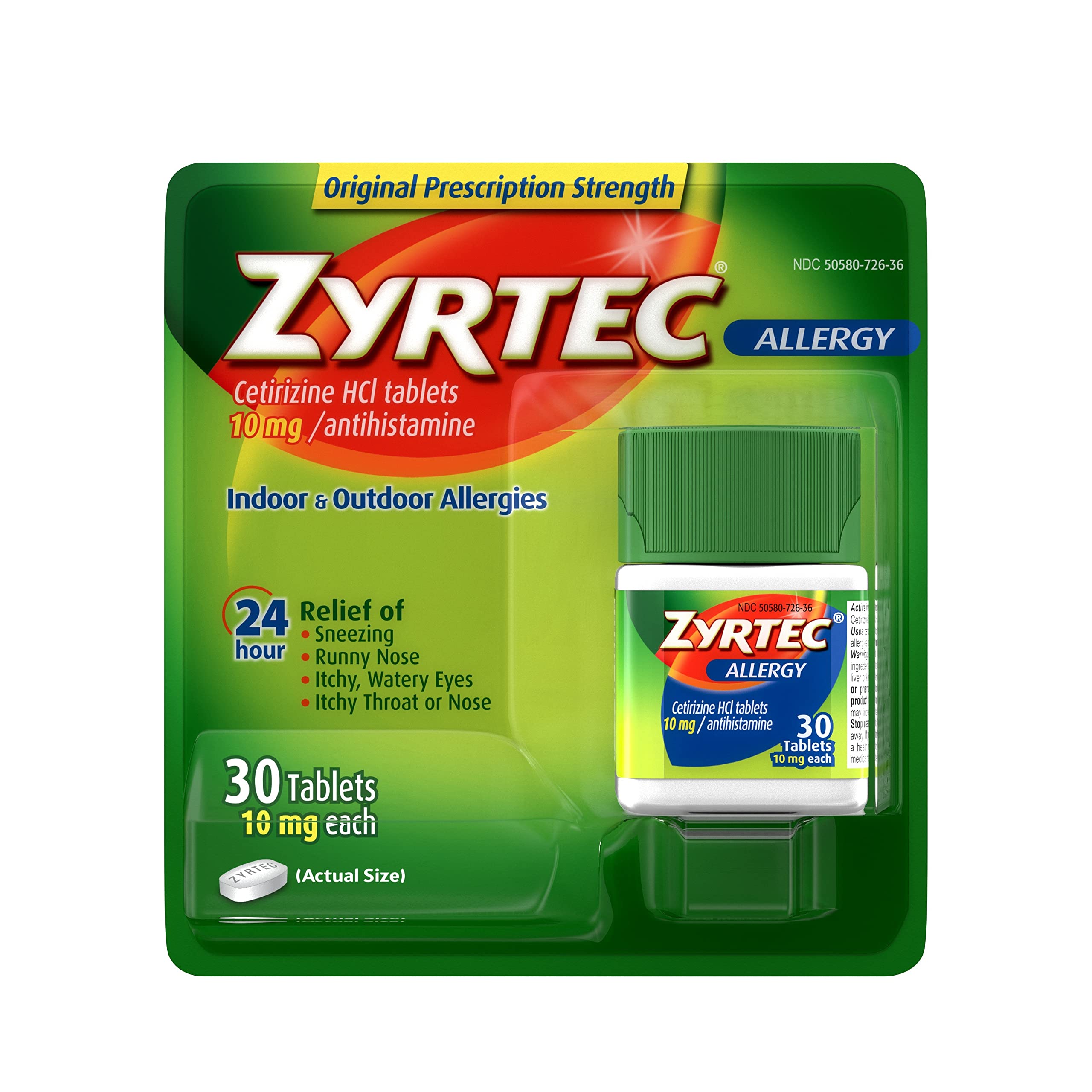 Zyrtec 24 Hour Allergy Relief Tablets, 10 mg Cetirizine HCl Antihistamine Allergy Medicine, 30 ct Red