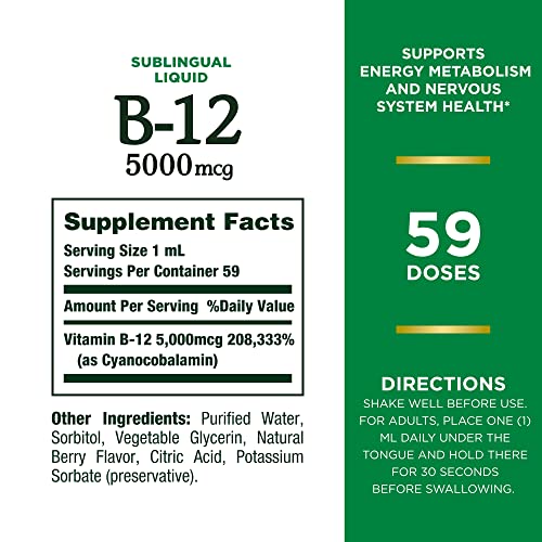 Natures Bounty Vitamin B12 5000 Mcg Sublingual Liquid, Cardiovascular Health & Cellular Energy Support, 2 Fl Oz (1 Count)