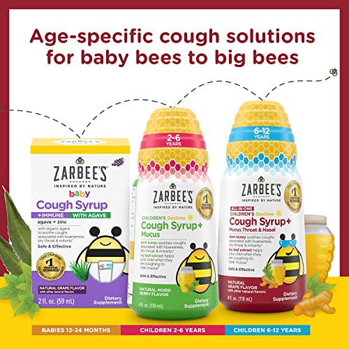 Zarbee's Kids All-in-One Daytime Cough for Children 6-12 with Dark Honey, Turmeric, B-Vitamins & Zinc, 1 Pediatrician Recommended, Drug & Alcohol-Free, Grape Flavor, 4FL Oz