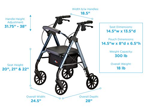 NOVA Medical Products Star 8 Rollator Walker with Perfect Fit Size System, Lightweight & Foldable, Easy to Lift & Carry, Great for Travel, Color Blue