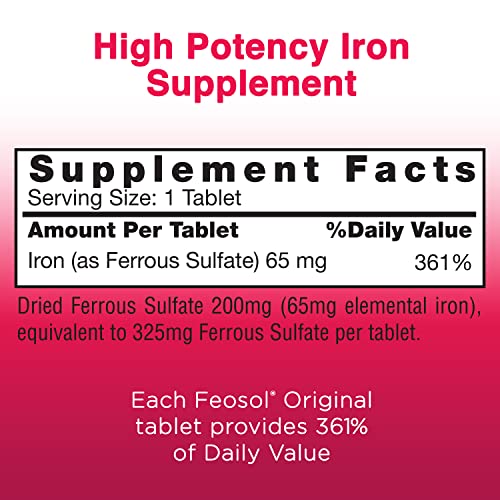 Feosol Original Iron Supplement Tablets, Non-heme, 325mg Ferrous Sulfate (65mg Elemental Iron) per Iron Pill, 1 Per Day, 120ct, 4 Month Supply, For Energy and Immune System Support, Made in USA