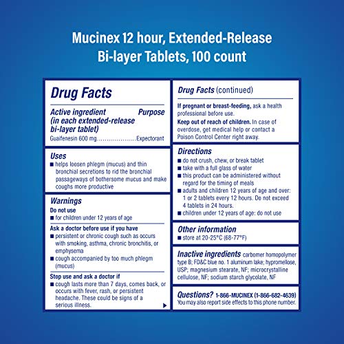 Mucinex 12 Hour Extended Release Tablets -Guaifenesin Relieves Chest Congestion Caused by Excess Mucus (#1 Doctor Recommended OTC expectorant), 100 Count (Pack of 1)
