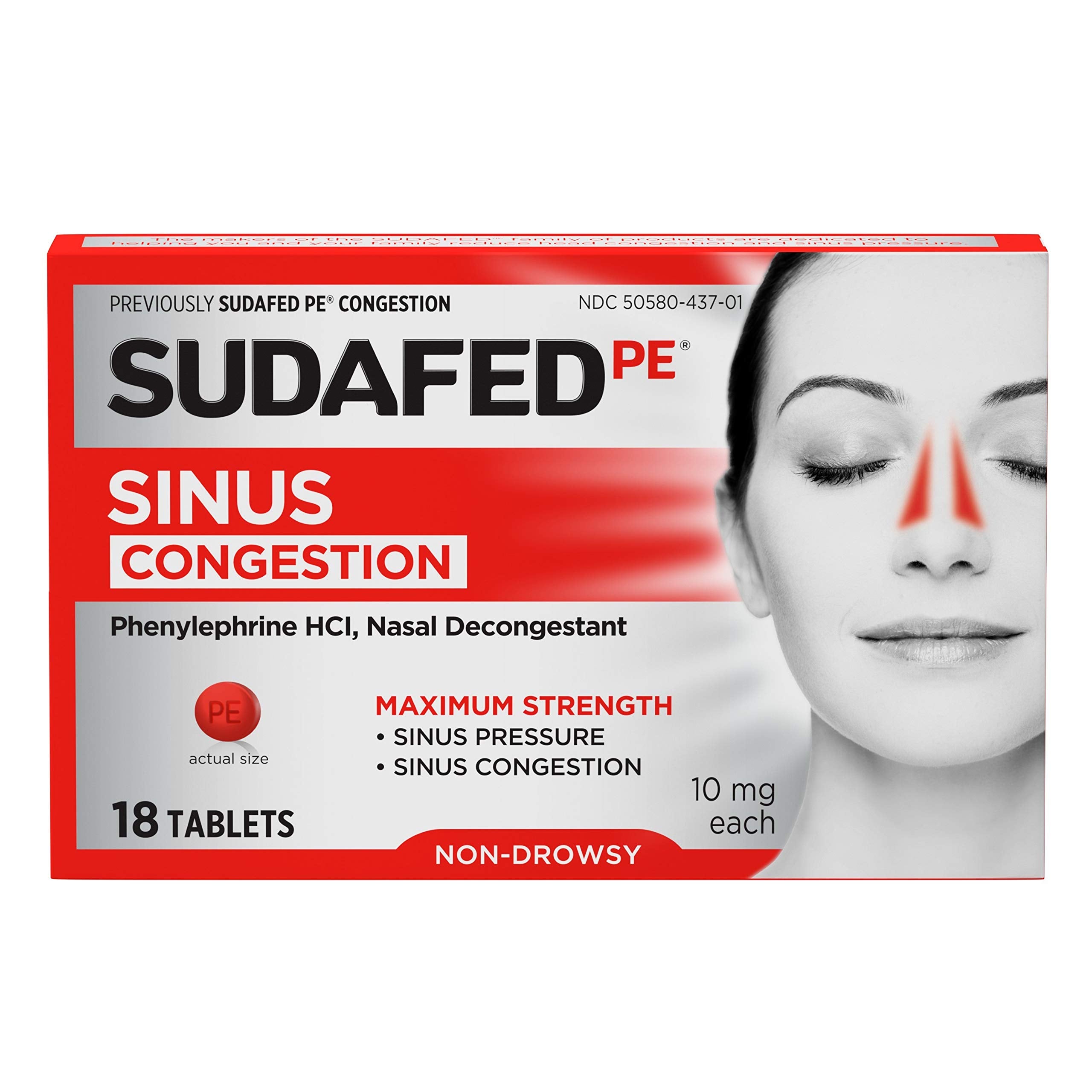 Sudafed PE Sinus Congestion Maximum Strength Non-Drowsy Decongestant Tablets, 18 ct