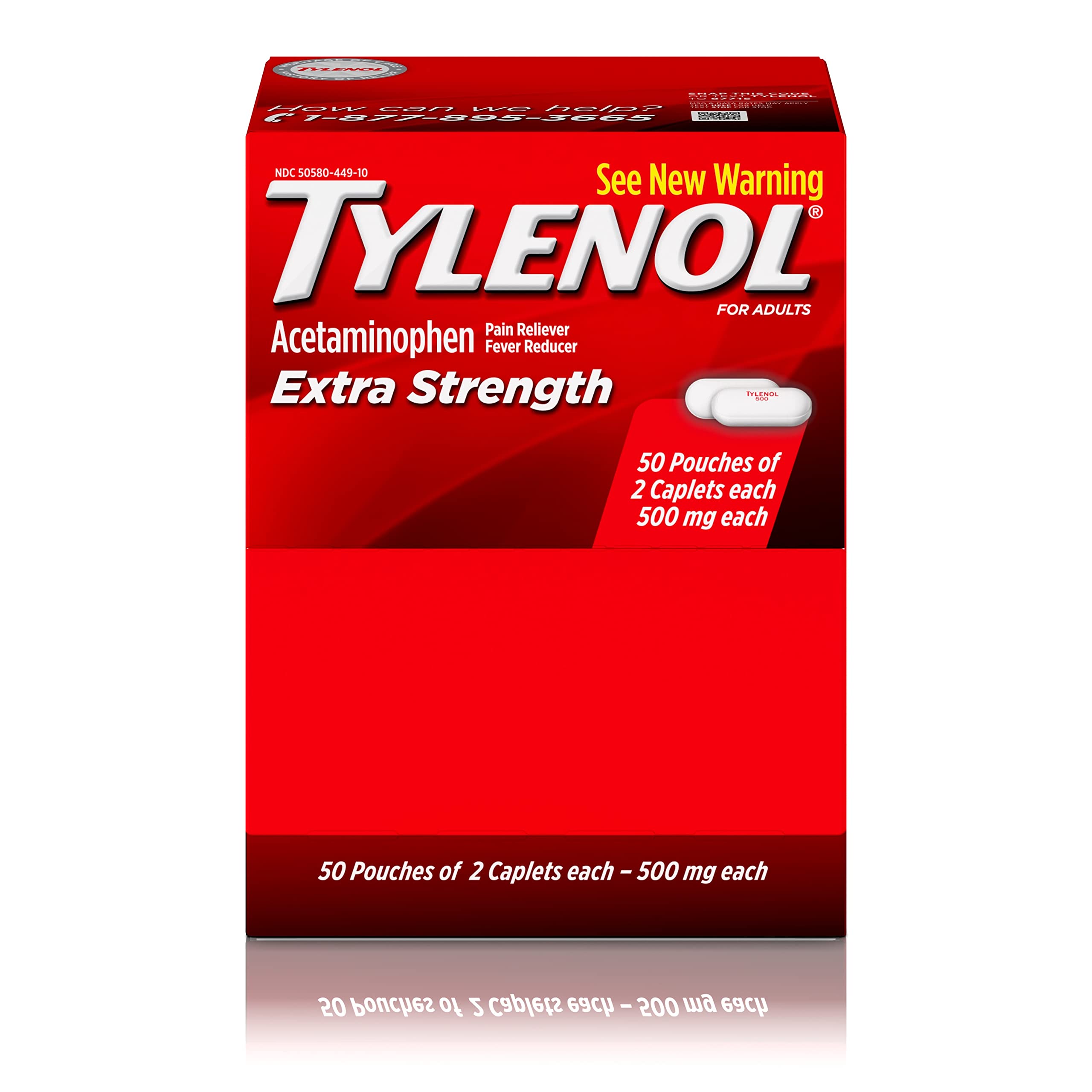 Tylenol Extra Strength Pain Relief Caplets with 500mg Acetaminophen, Pain Reliever & Fever Reducer Medicine for Headache, Backache & Menstrual Pain Relief, 50 pkts of 2 caplets Each, 100 ct