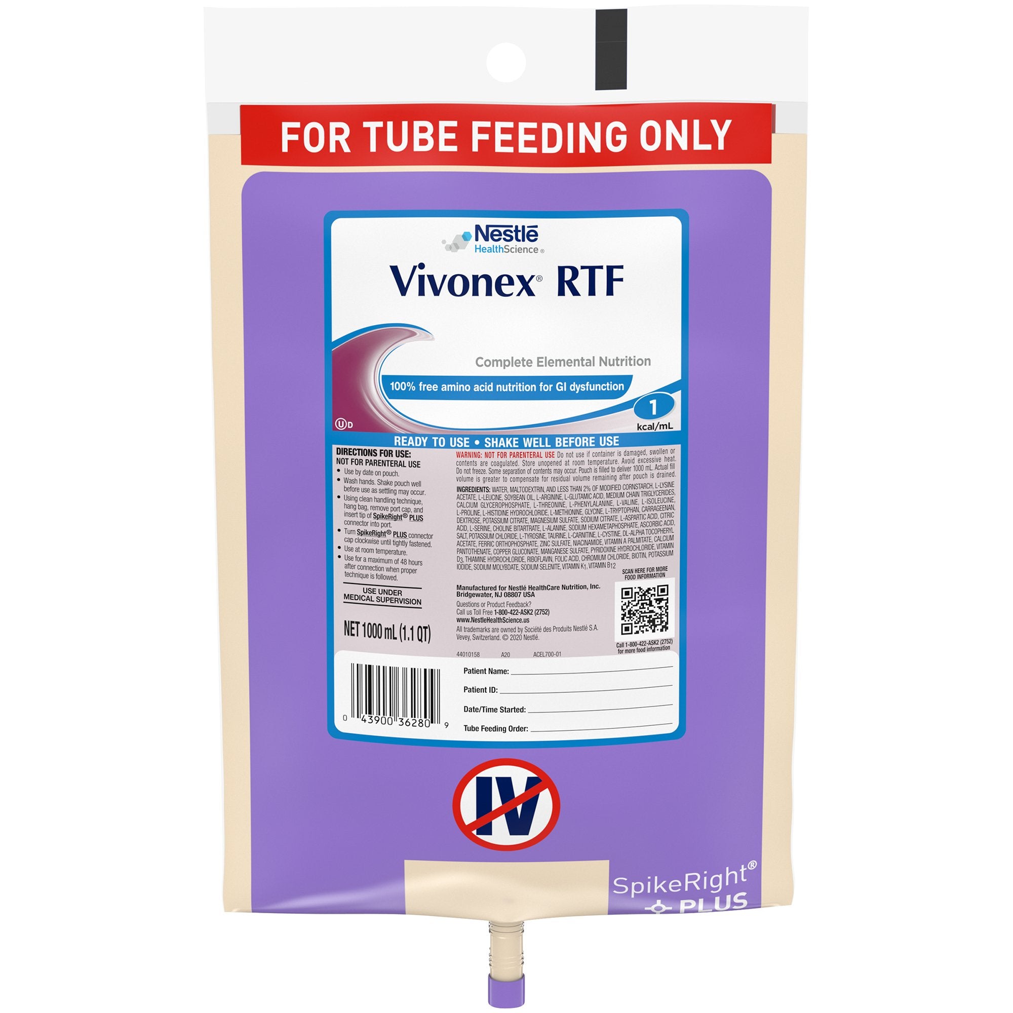 Tube Feeding Formula Vivonex RTF Unflavored Liquid 1000 mL Bag