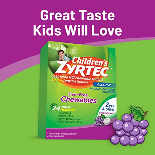 Zyrtec 24 Hour Children's Allergy Grape Chewables, 2.5 mg Cetirizine HCl Antihistamine per Tablet, Allergy Medicine for Kids Relieves Sneezing, Itchy Throat & More, Dye-Free, Grape, 12 ct