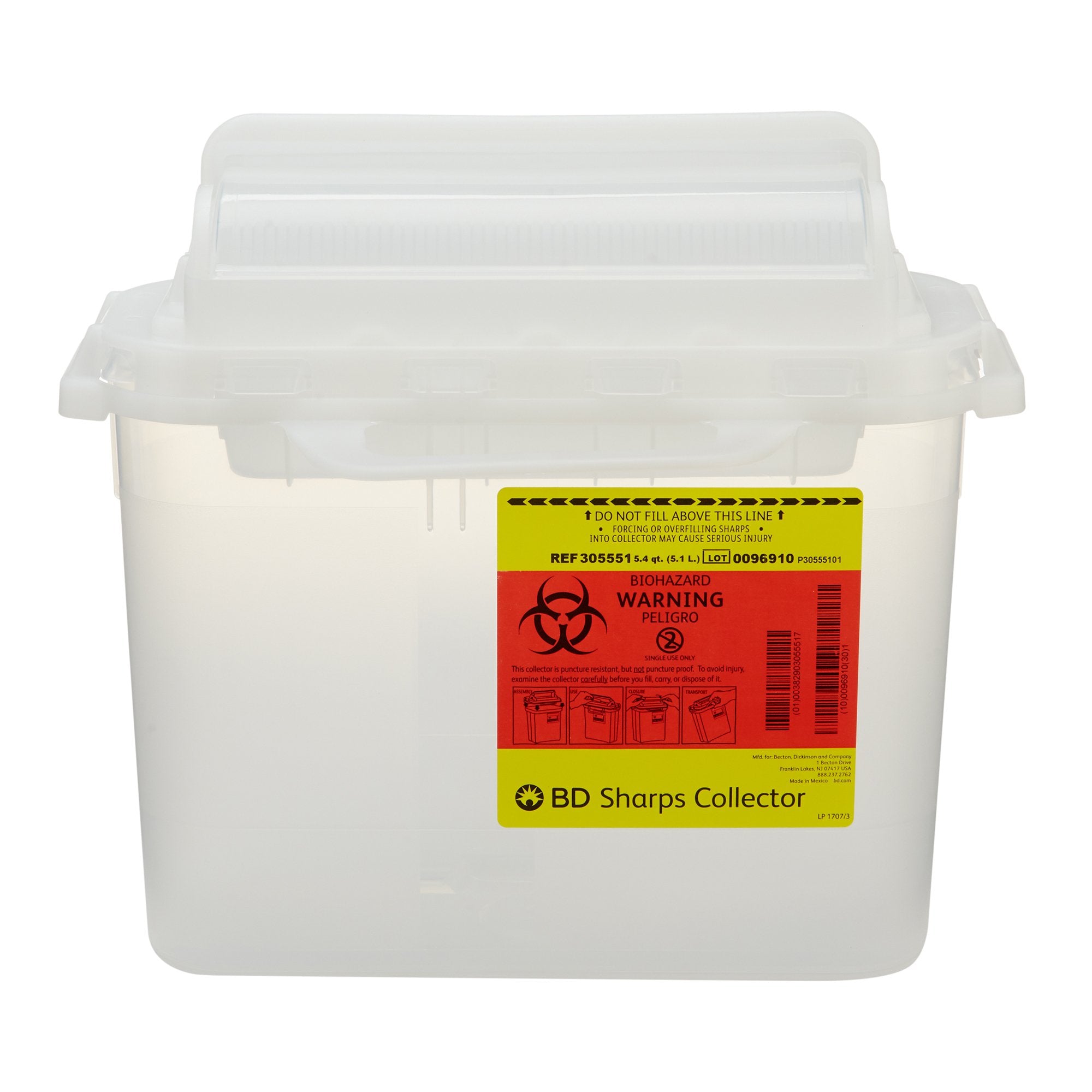 Sharps Container BD Translucent White Base 12 H X 12 W X 4-4/5 D Inch Horizontal Entry 1.35 Gallon