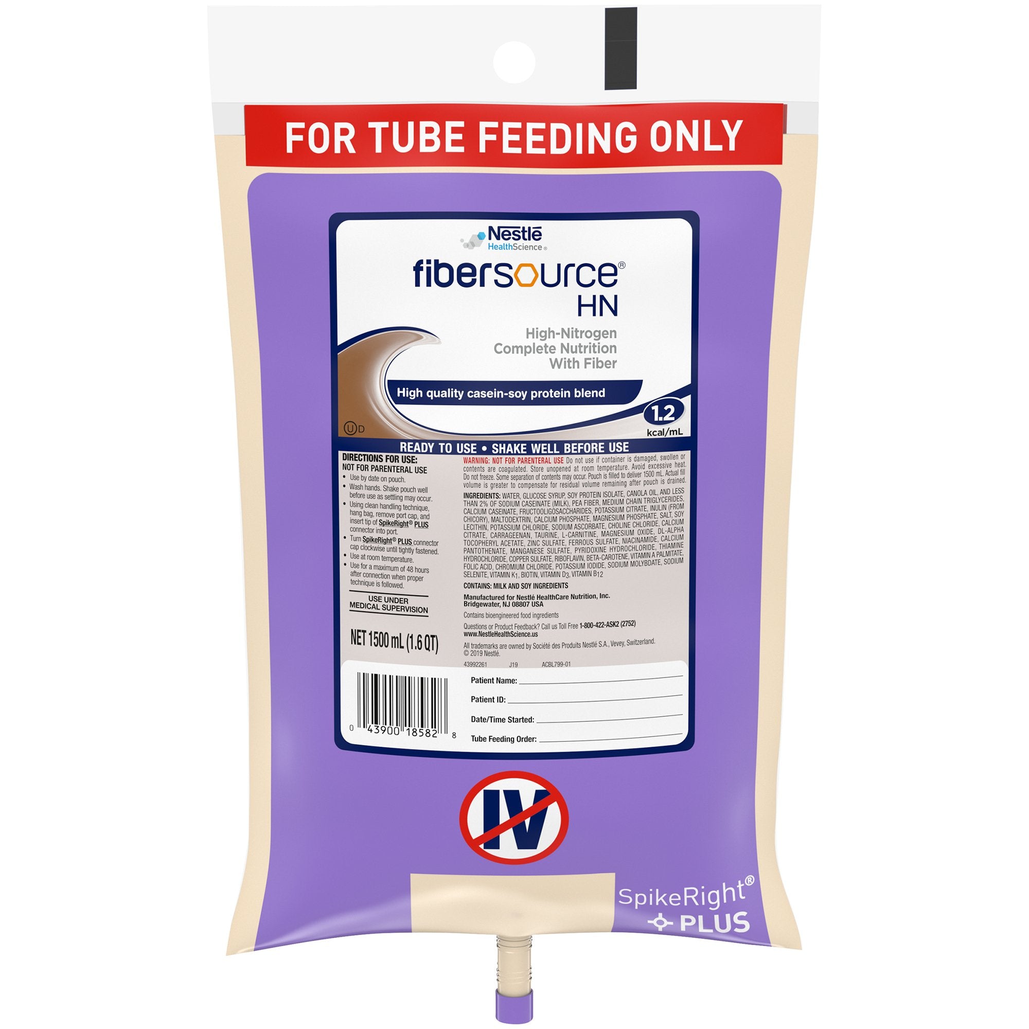 Tube Feeding Formula Fibersource HN Unflavored Liquid 1500 mL Bag
