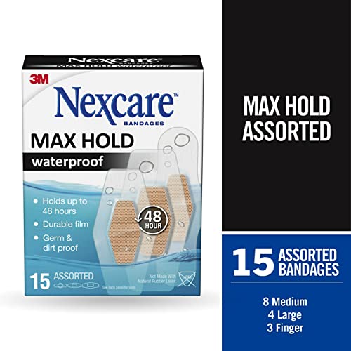 Nexcare Max Hold Waterproof Bandages, Helps Waterproof, Dirtproof, And Germproof Your Wounds, Assorted Sizes, 15 Count