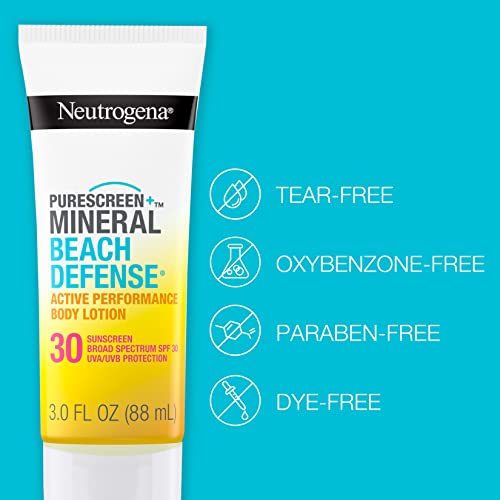 Neutrogena Purescreen+ Mineral Beach Defense Active Performance Body Lotion Sunscreen with Broad Spectrum SPF 30, Quick Drying and Water-Resistant 80 Minutes UVA/UVB Protection, 3.0 fl. oz