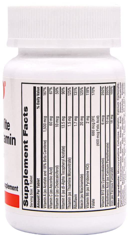 Rugby Tab-A-Vite Multivitamin with Iron and Beta-Carotene Multivitamin/Mineral Supplement - 100 Tablets