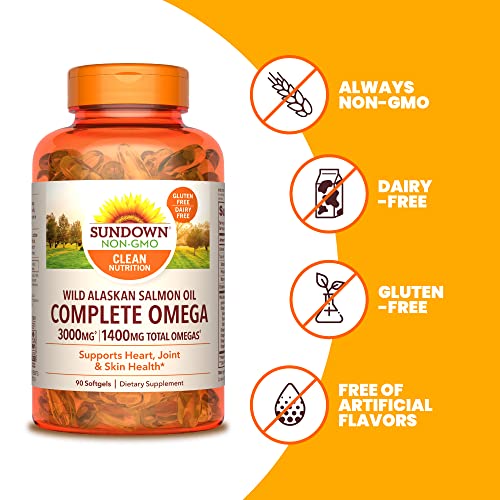 Sundown Complete Omega Wild Alaskan Salmon Oil Softgel, 1400 mg, 90 Softgels (Packaging May Vary)