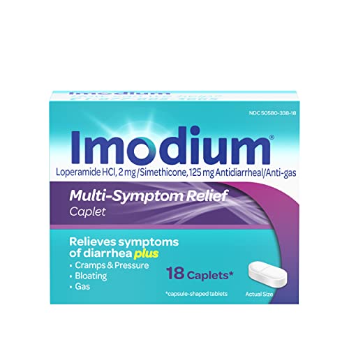 Imodium Multi-Symptom Relief Caplets with Loperamide Hydrochloride and Simethicone, Anti-Diarrheal Medicine for Treatment of Diarrhea, Gas, Bloating, Cramps & Pressure, 18 ct