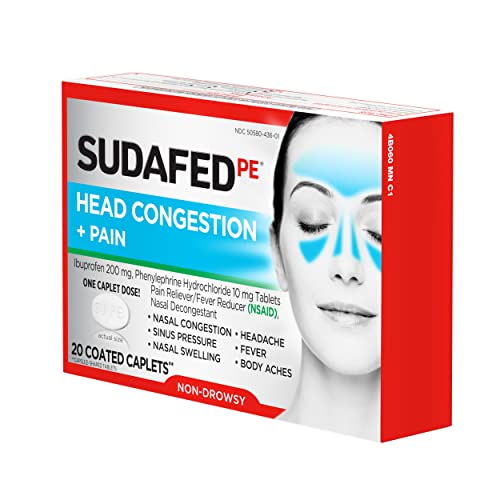 Sudafed PE Head Congestion + Pain Relief Caplets, Ibuprofen & Phenylephrine HCl, 20 ct