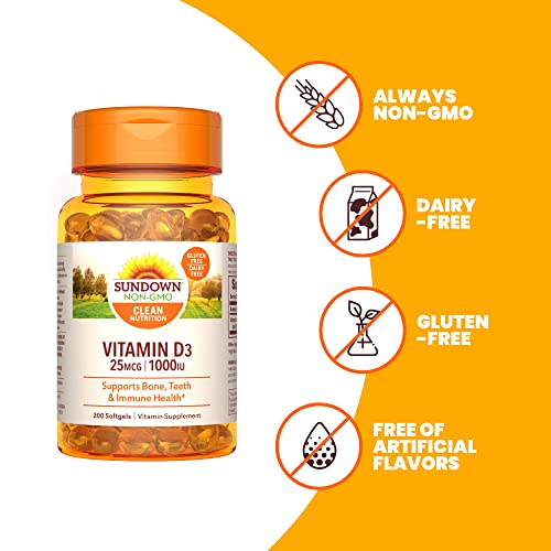 Sundown Vitamin D3 for Immune Support, Non-GMO, Dairy & Gluten-Free, No Artificial Flavors, 25mcg 1000IU Softgels, Unflavored, 200 Count