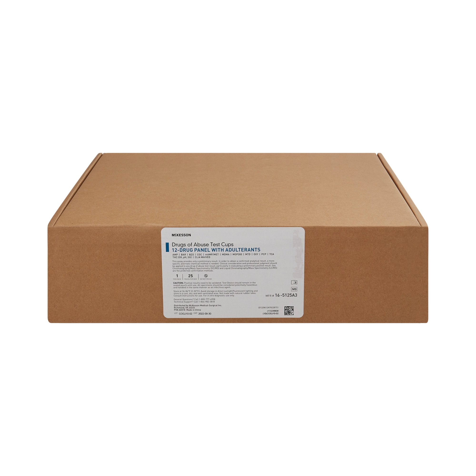 Drugs of Abuse Test Kit McKesson 12-Drug Panel with Adulterants AMP, BAR, BZO, COC, mAMP/MET, MDMA, MOP300, MTD, OXY, PCP, TCA, THC (OX, pH, SG) Urine Sample 25 Tests CLIA Waived