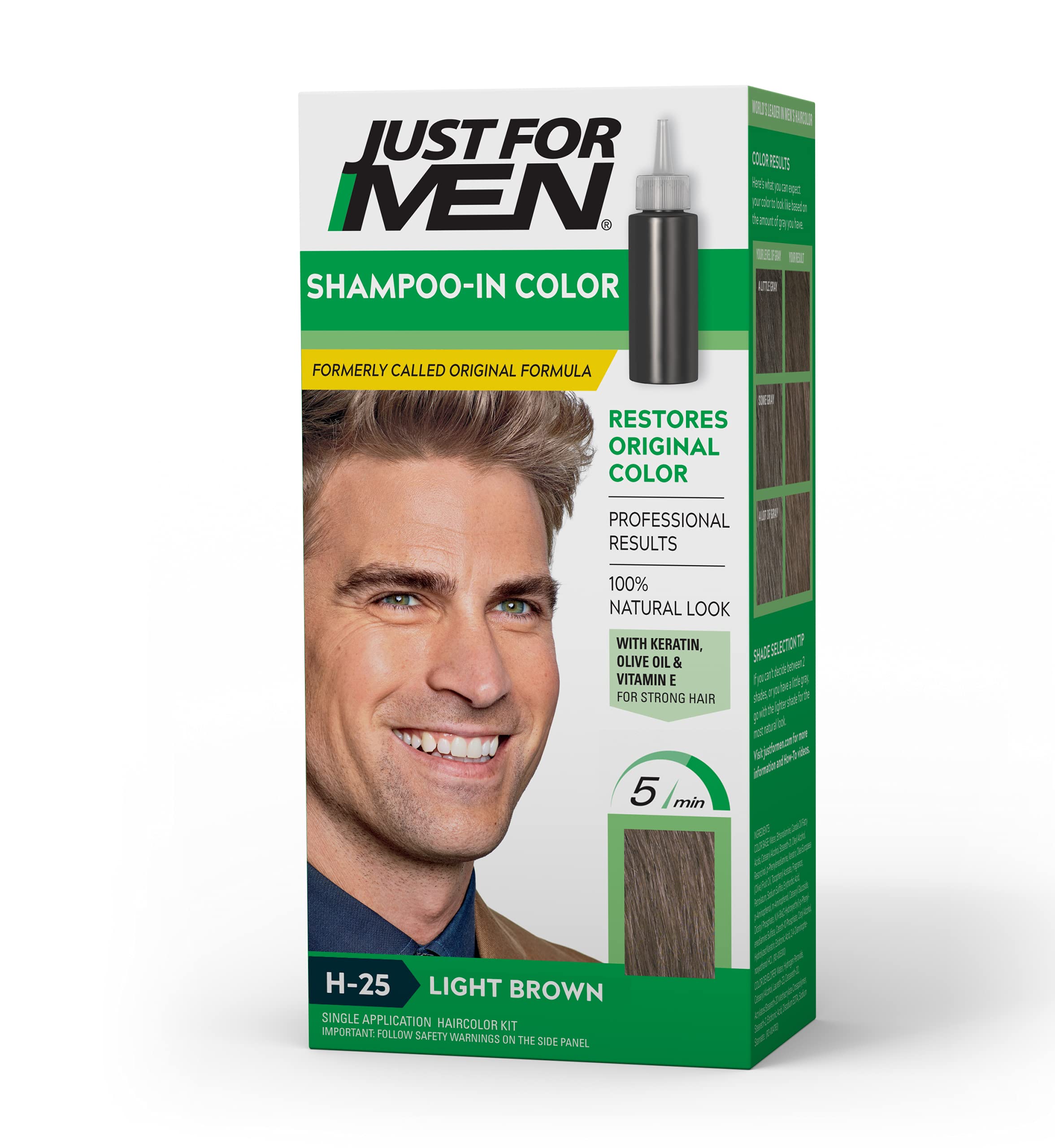 Just For Men Shampoo-In Color, Mens Hair Dye with Vitamin E for Stronger Hair - Light Brown, H-25, 1 Pack (Formerly Original Formula)